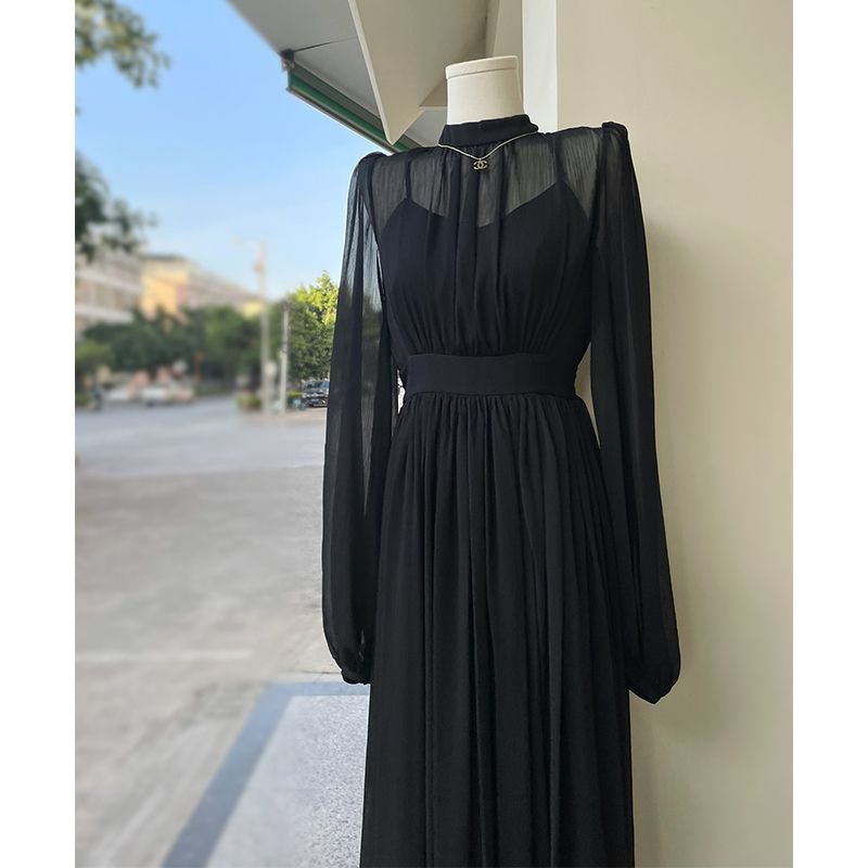 Women's Black Dress Spring 2023 New Long Dress French Temperament