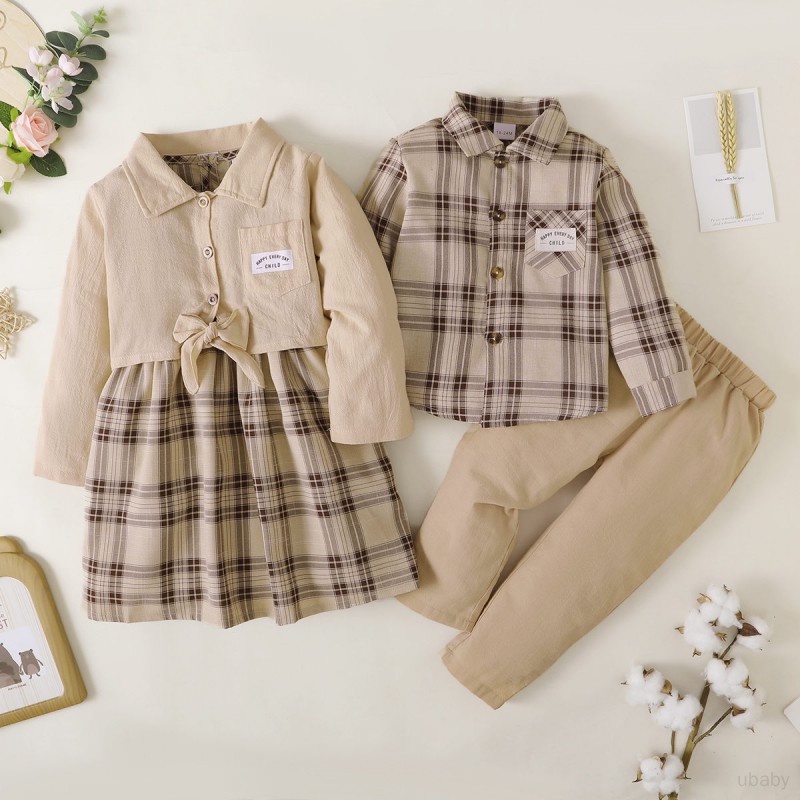 Baby Boy Matching Outfits Plaid Floral Sleeveless Dress Brother And Sister Boys Plaid Shirt Top
