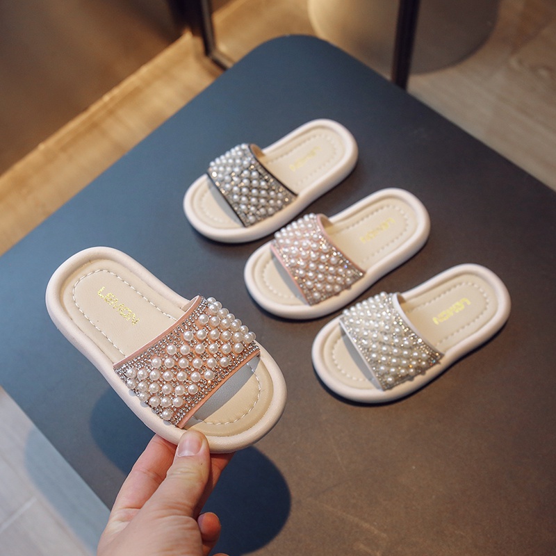 Fashion Allmatch Baby Girls Leather Slippers Rhinestones Pearl Soft
