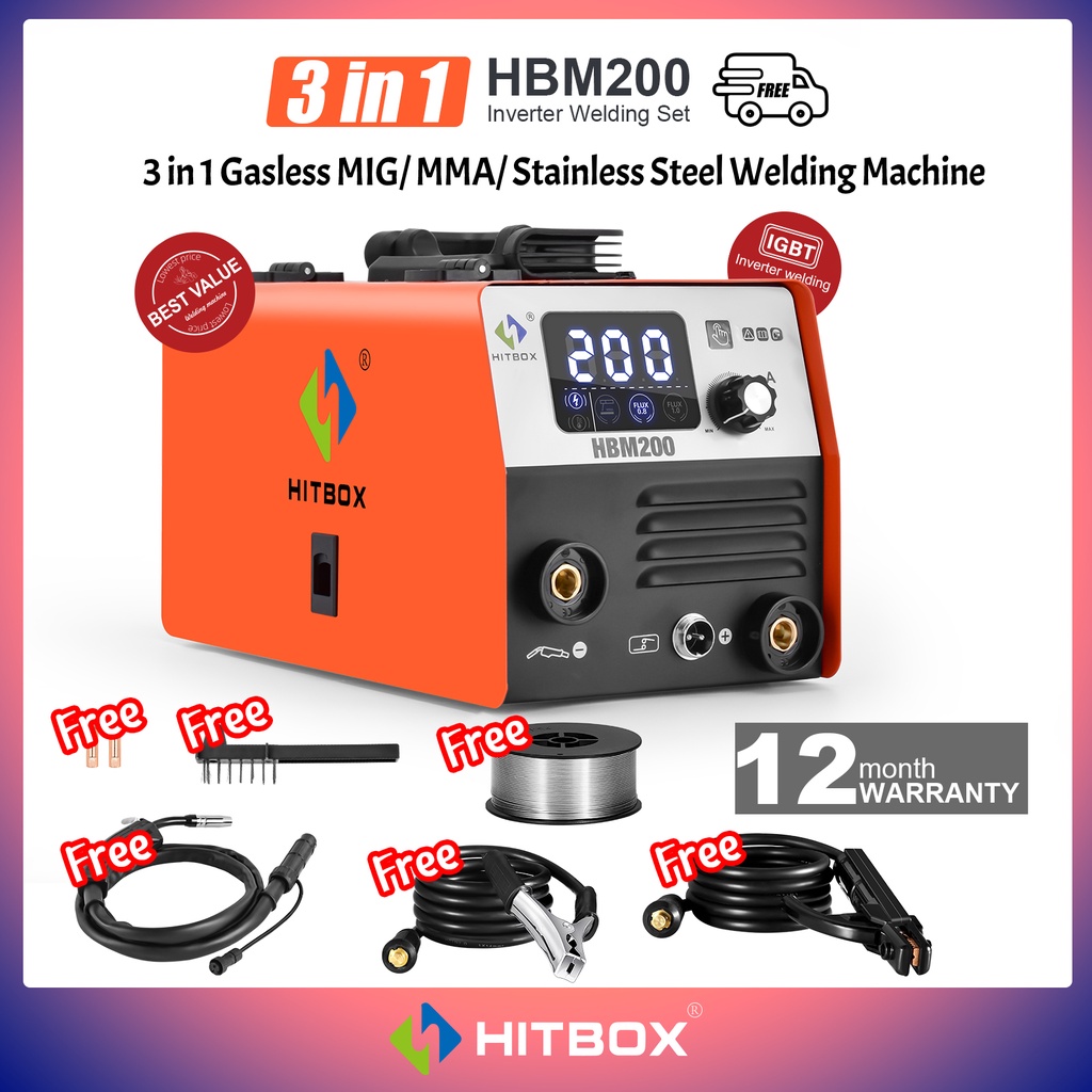 HITBOX MINI MIG Welder HBM200 MMA Inverter/ MIG Gasless/ Stainless