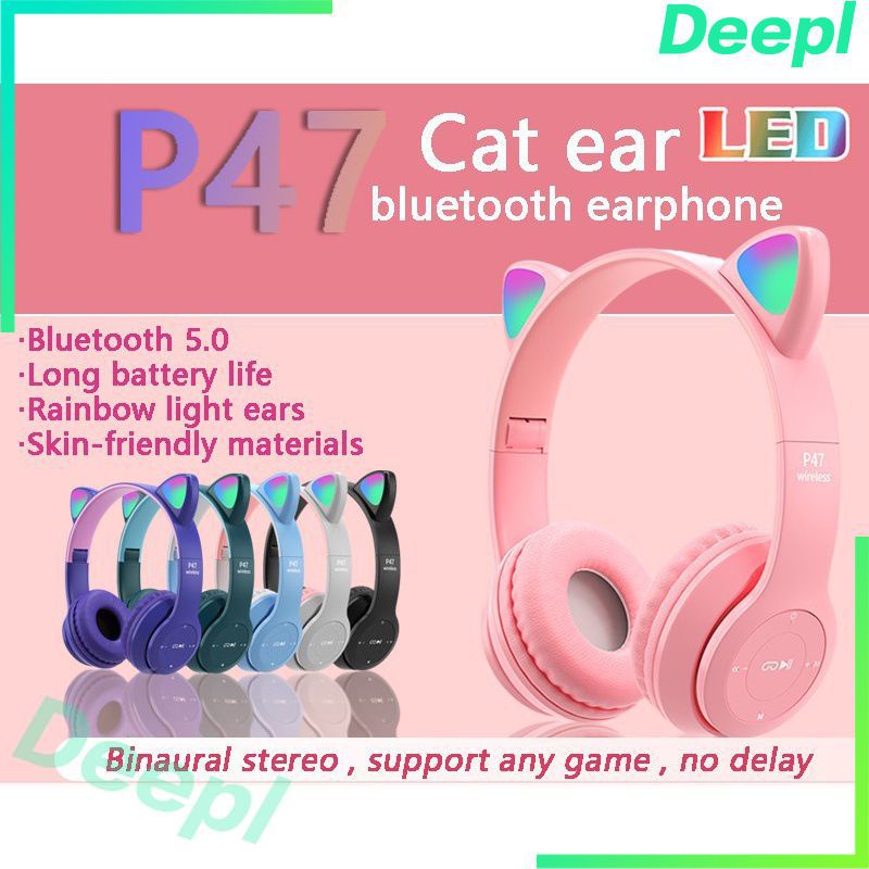 P47M Wireless Headphone Cat Ear LED Light Up Bluetooth Foldable Headset