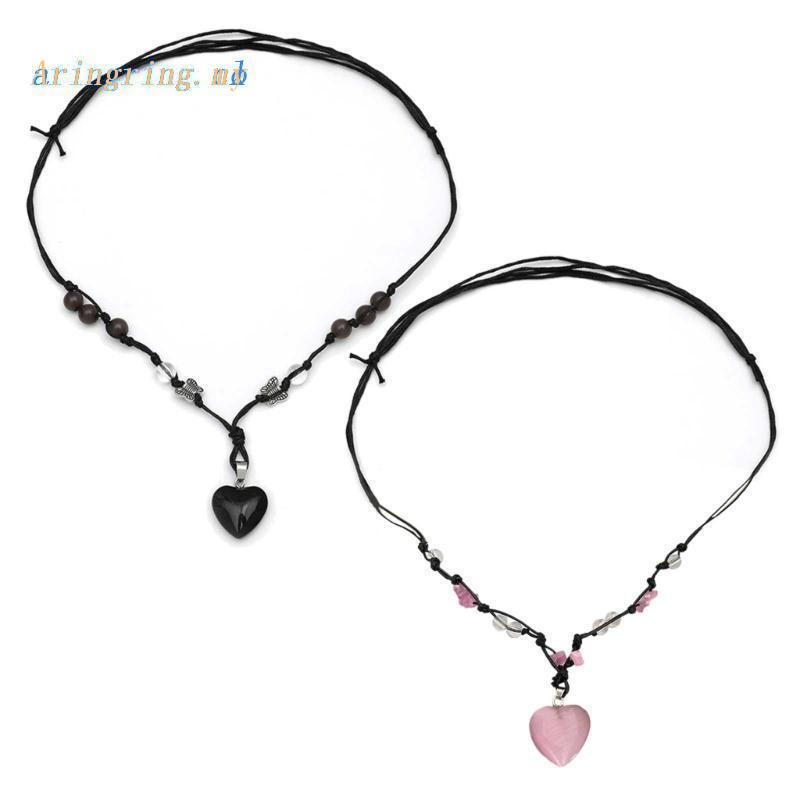 GemstonePendant Necklace Natural Heart Stone Choker Chain Woven Rope