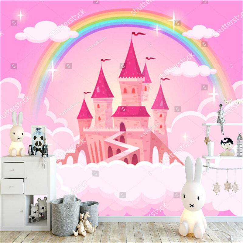 Custom Cartoon Pink Clouds Castle Fairy Tale Wallpaper Children Room ...