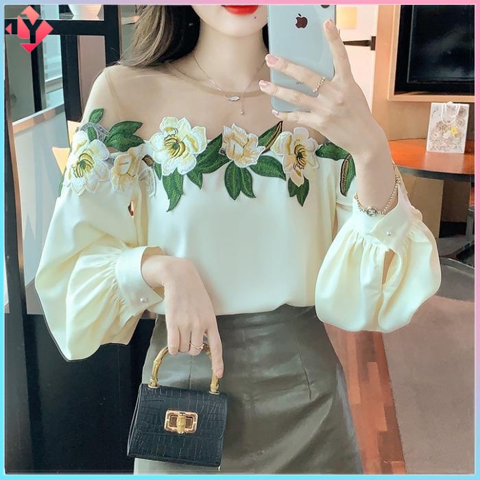 Embroidered Floral Shirt Chic Pretty Shirt Women Tops Ladies Anti