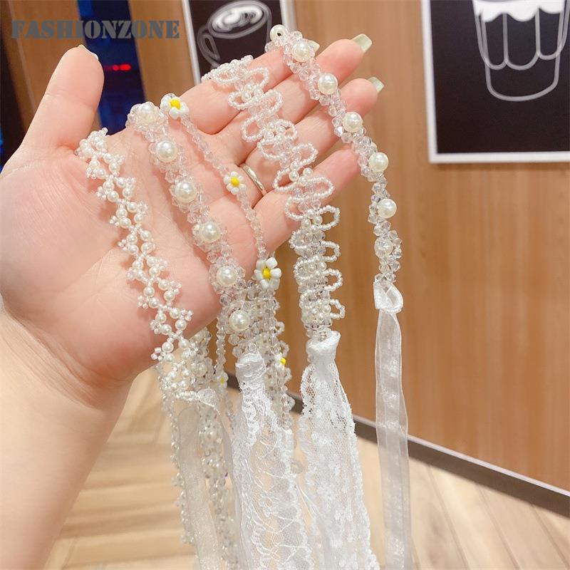 Sweet Crystal Pearl Hairband Romantic Beads Flowers Lace Long Hair