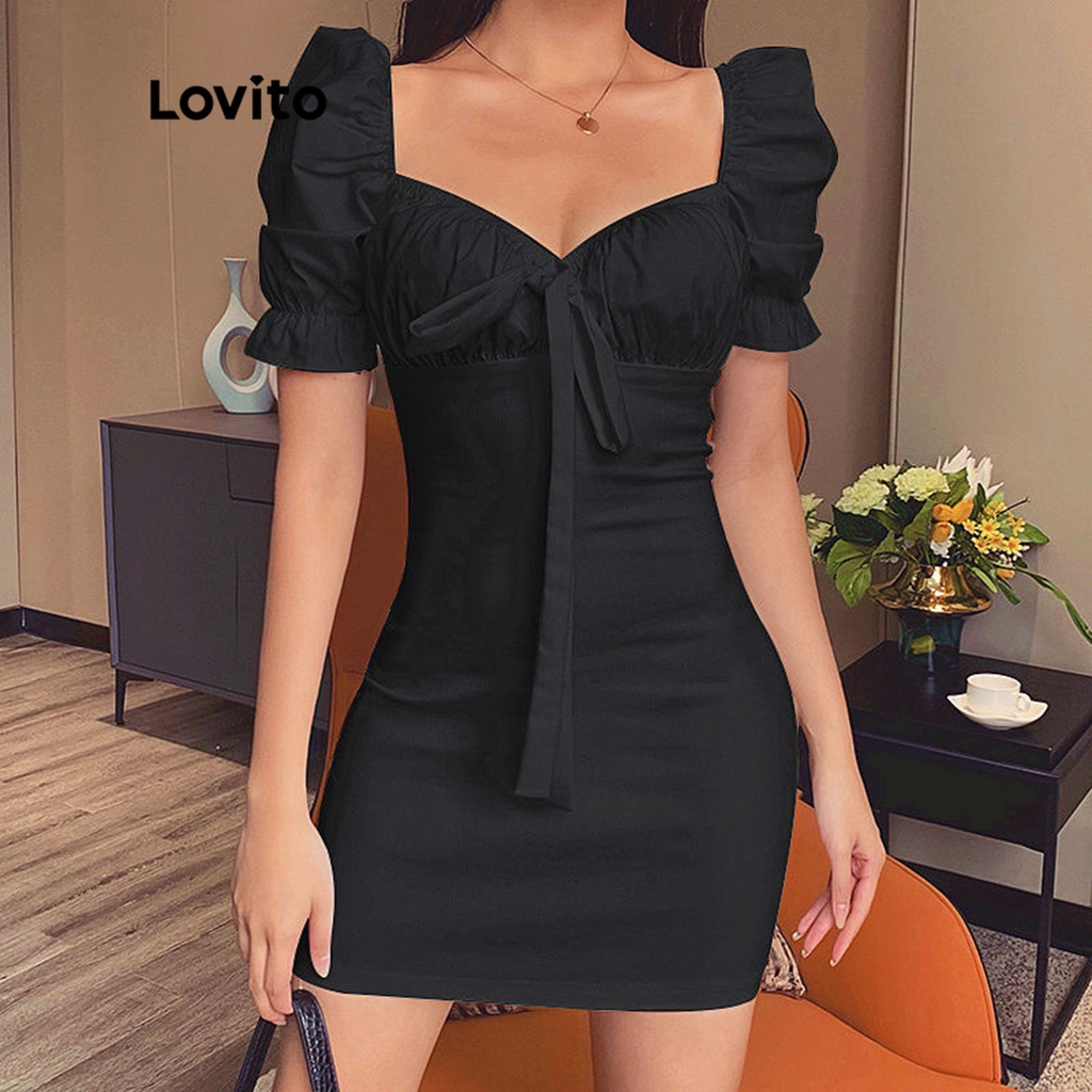 Lovito Casual Plain Ruched Bow Bodycon Puff Sleeve Dress For Women Lne Black Shopee