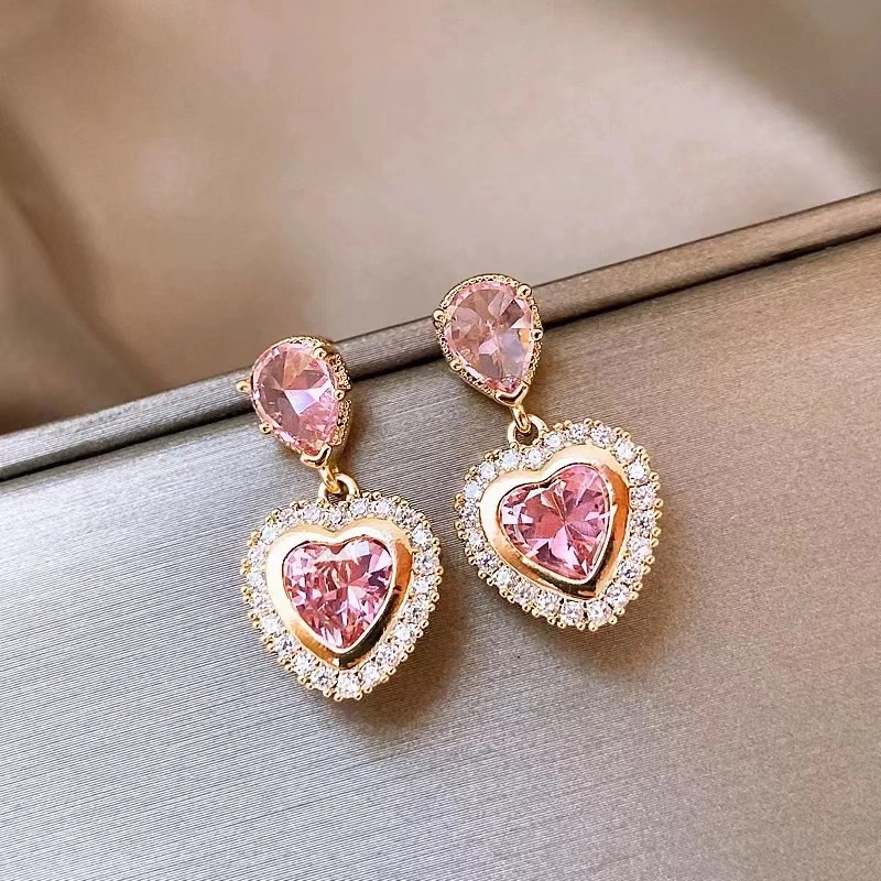 Korean Pink Gemstone Heart Earrings Sweet Girls Heart Earrings | Shopee ...