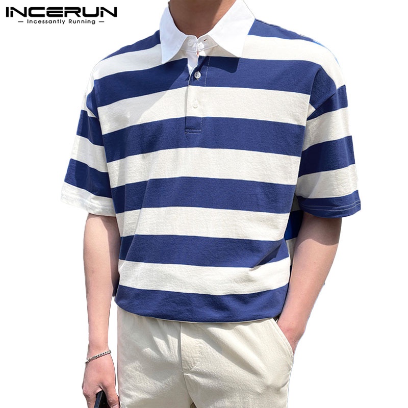 INCERUN Stripe loose casual American style lapel top POLO Shirts ...