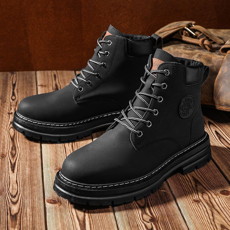 Black Martin Boots for Men Korean Thick Sole High-cut Casual Shoes ...