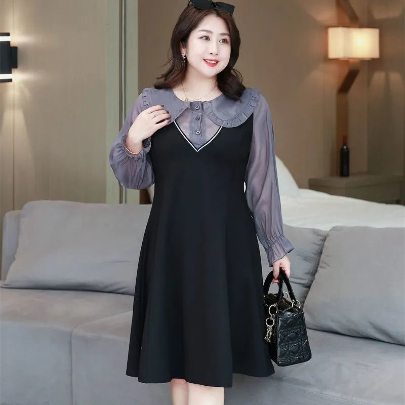 Large Size Fat Sister Western Style Age Reducing Doll Collar Long Sleeved Dress Womens Clothing 8135