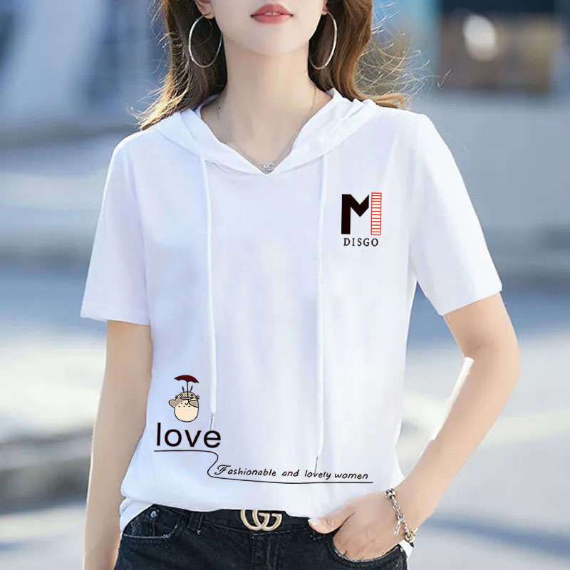 100% Cotton Hooded White Short-Sleeved Sweatshirt Women Summer