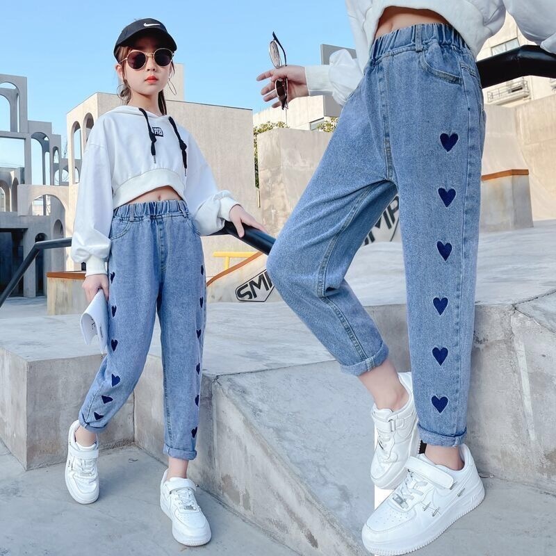 Girls Fashion New Casual Denim Maong Pants Cute Embroided Design Garterized Jeans Kids 3 12years Shopee Philippines