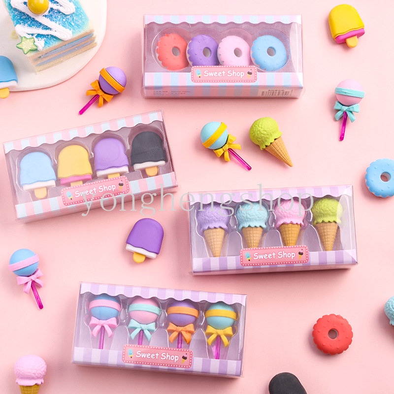 4pcs/set Kawaii Ice Cream Donuts Shaped Erasers Cute Mini Lollipop