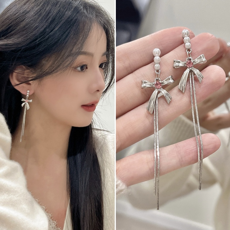 Korean Pink Diamond Love Bow Earrings Pearl Silver Metal Tassel Long