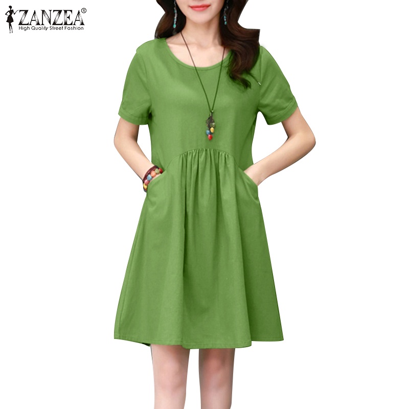 ZANZEA Women Casual Loose Solid Short Sleeve A Line Swing Mini Dress ...