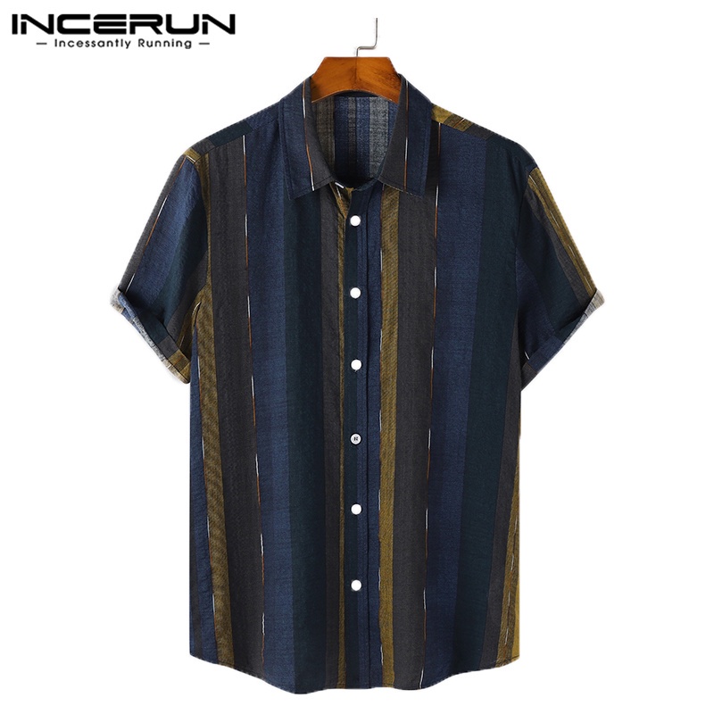 INCERUN Men's retro striped short-sleeved shirt | Shopee Philippines