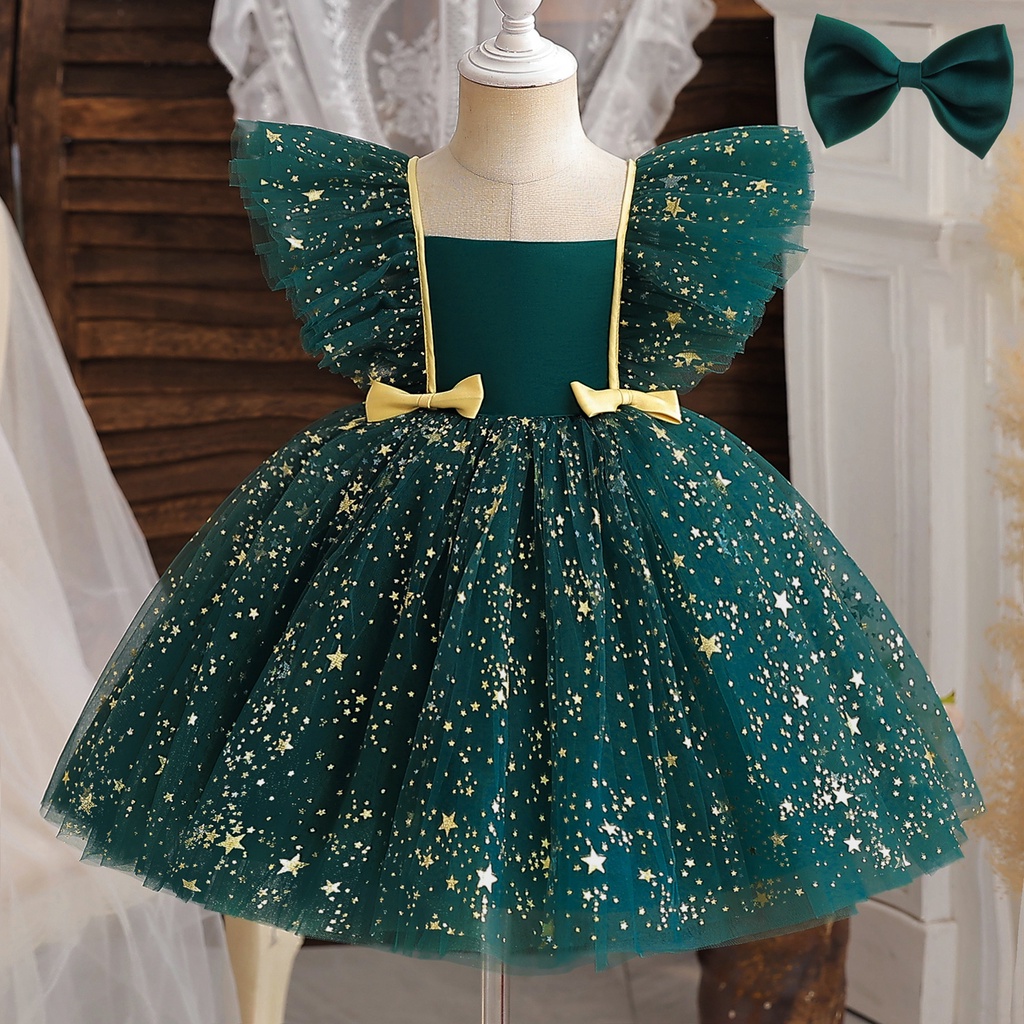 Baby Dress Fluffy Thin Mesh Double Shoulder Bow Baby Girl Dress Princess Dress Birthday Party Baptism Christmas Dress with Hairpin Shopee Philippines