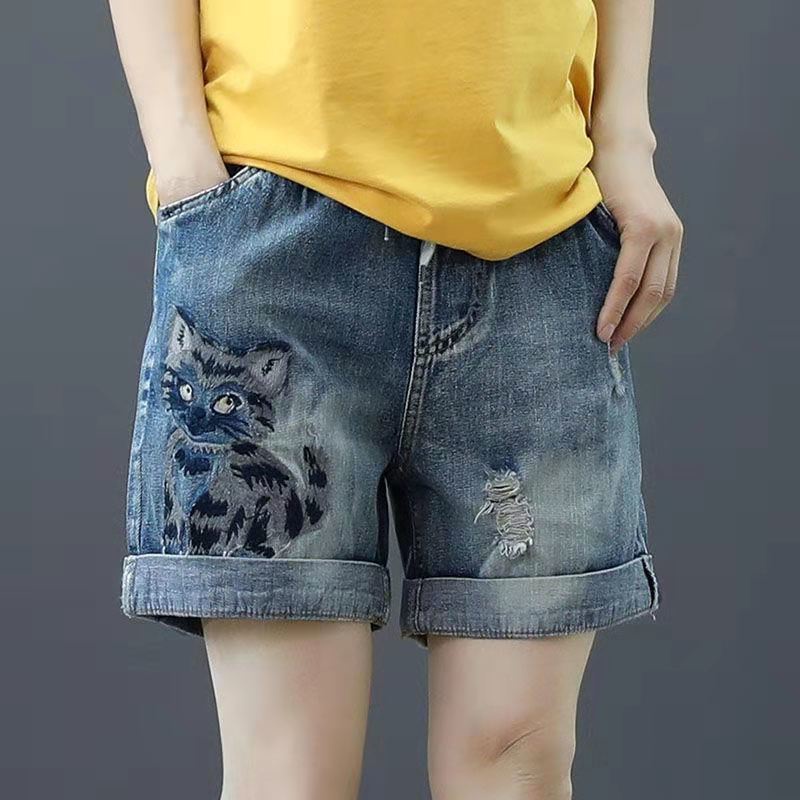 Summer New Style Ripped Denim Shorts Women High Waist Loose Straight Casual  Pants