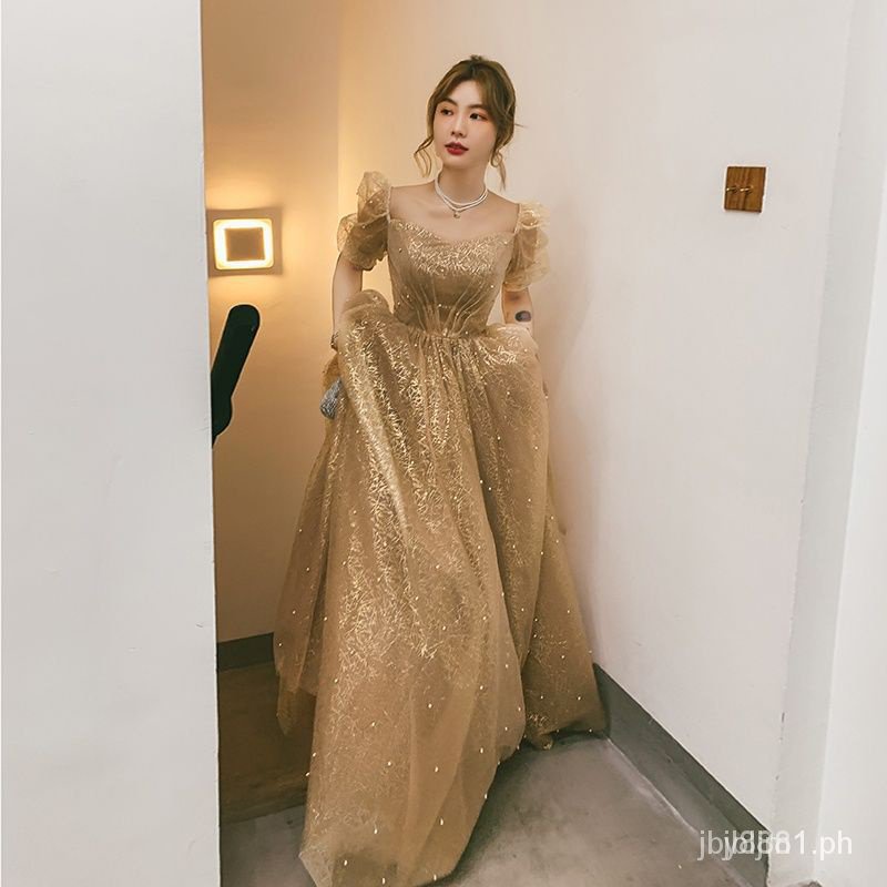 2024New elegant luxury gold long champagne evening dress Shopee
