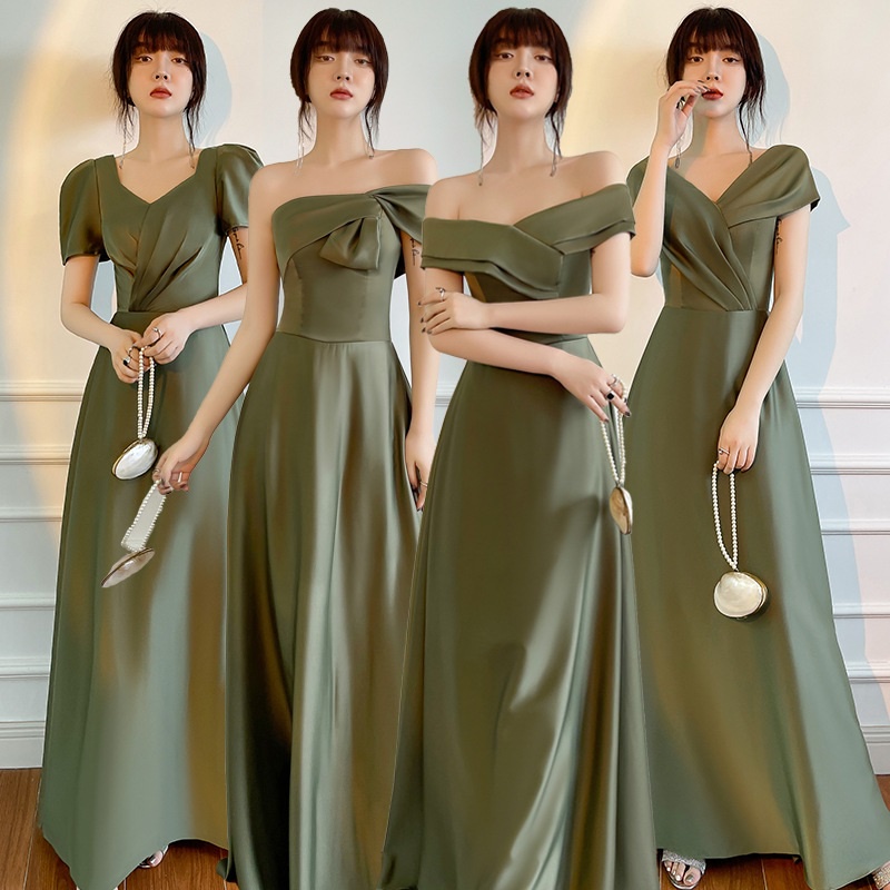 Korean Dark Green Satin Bridesmaid Dress for Girls Wedding Sisters ...