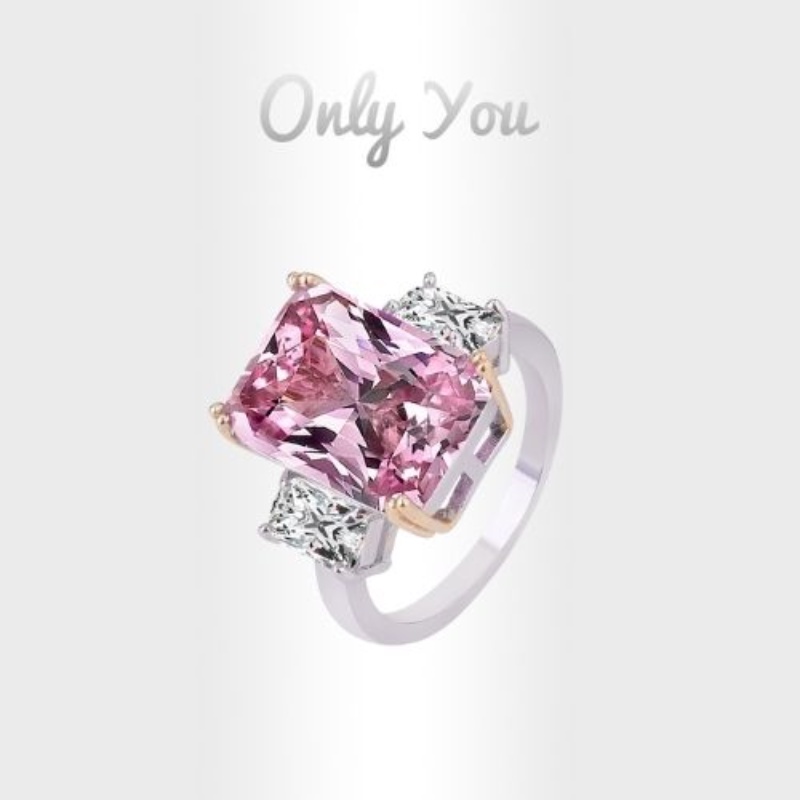 Only You S925 Silver Pink Crystal Square Princess Ring Luxury AAA ...