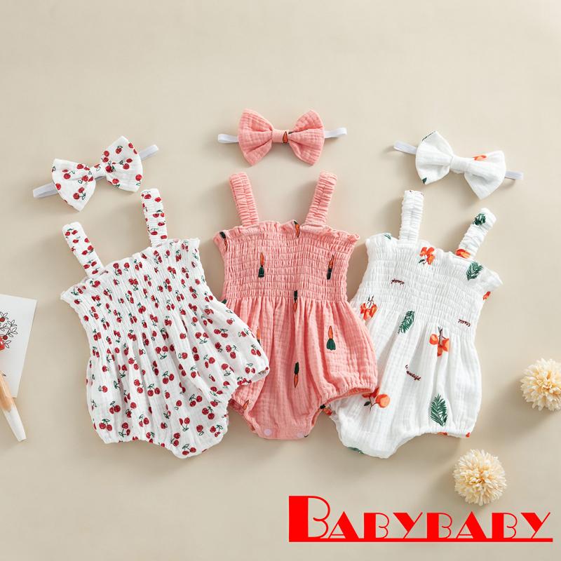 Baby Girl Cherry Print Sleeveless bodysuit With Headband