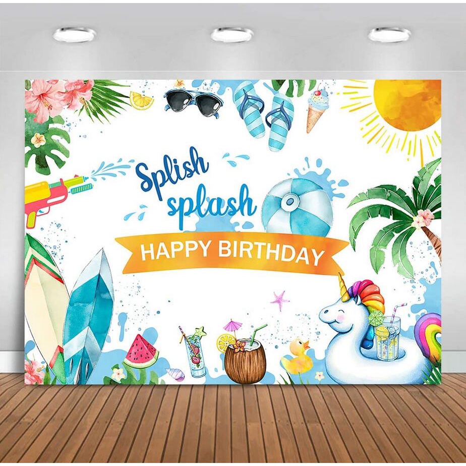 5x3ft Watercolor Summer Birthday Backdrop Splish Splash Pool Party ...