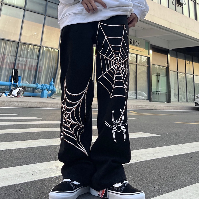 ( S~3XL ) Dark Icon Spider Loose Jeans Men Wide Leg Opening Black Men's ...