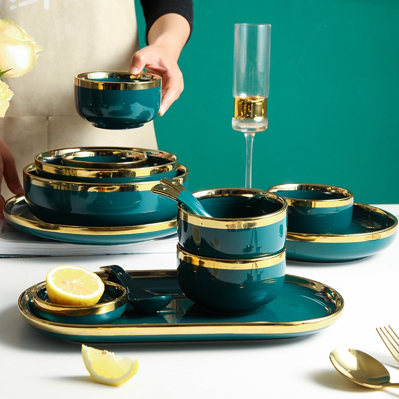 Hot Item GOOD QUALITY Nordic Green Glazed with Gold Rim Tableware Series  Ceramic Dinner Plate Ceramic Bowl, Plate, Dish Retail Sales