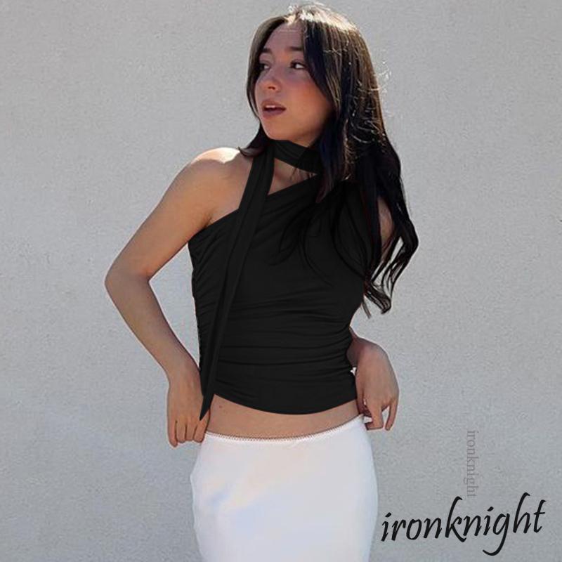 ironknight-Women Solid Color One Shoulder Oblique Collar Sleeveless ...