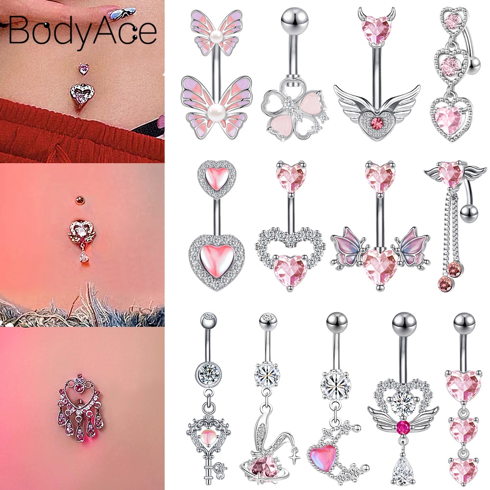 Bodyace 1 Pc Stainless Steel Butterfly Belly Button Piercing Pink Heart