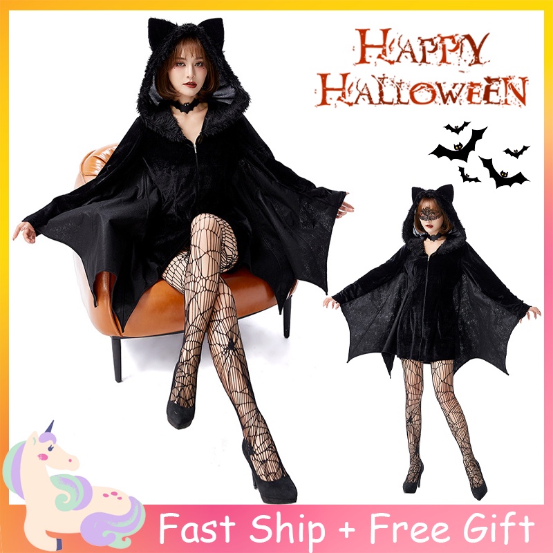 Vampire Devil Bat Costume Cosplay Black Dress For Woman Cape Cloak