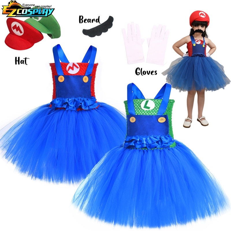 Anime Super Bros Costume for Kids Halloween Party Dresses Luigi Brothers  Cosplay Clothes Girls Fancy Tutu Dress Children Dress up with Hat