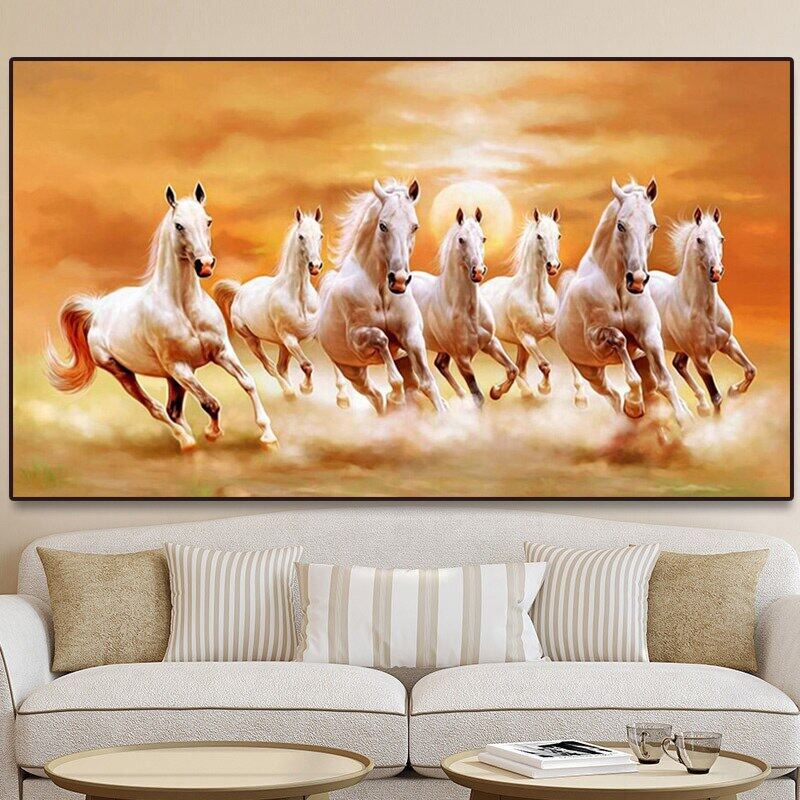 Modern Seven Running White Horses Canvas Painting Sunset View Posters ...