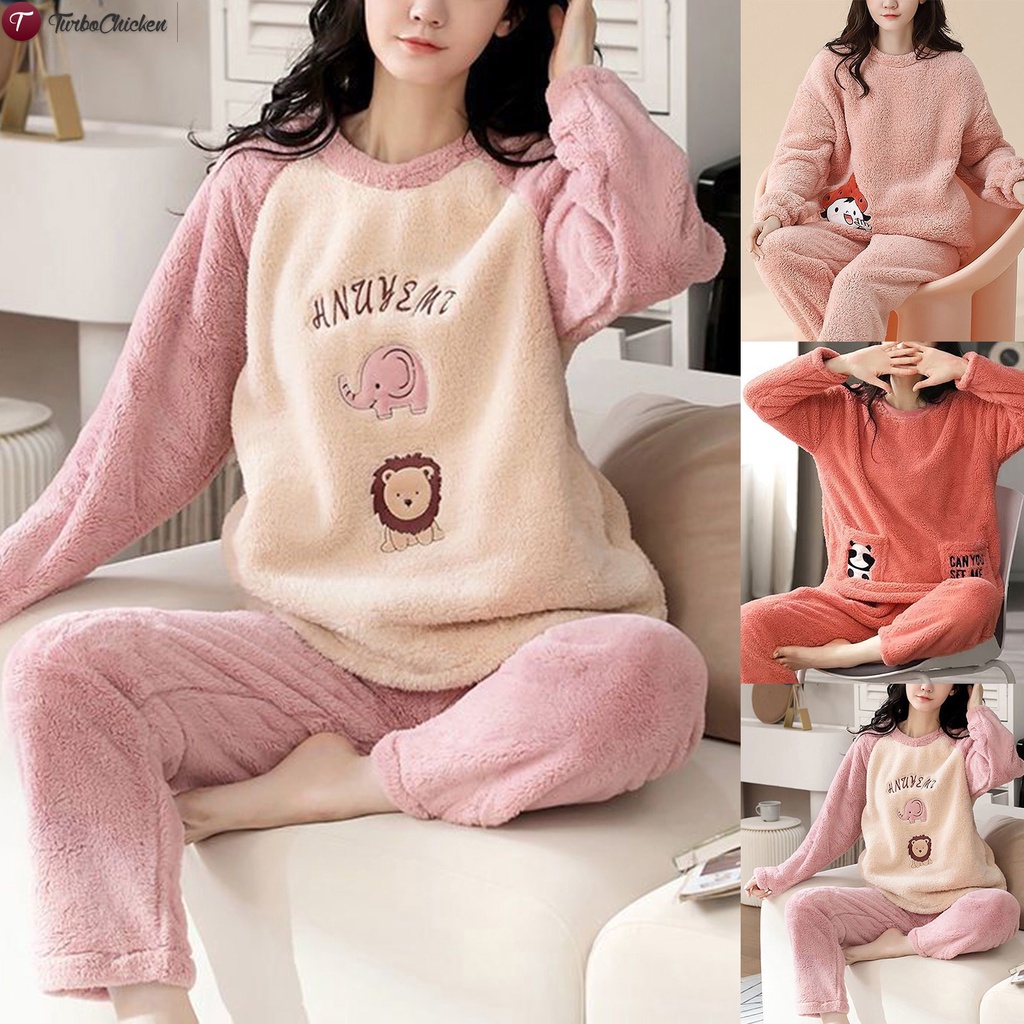 Women Fluffy Pajamas Set Cute Printed Long Sleeve Nightwear Top