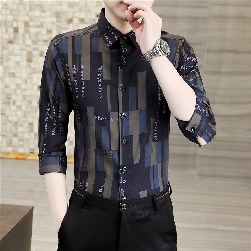 Men's 3 4 Sleeves Korean Trend Casual Slim Fit Geometric Printed Shirt
