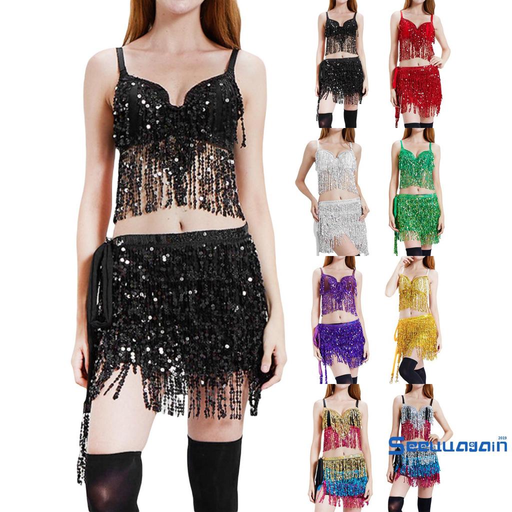 SEEWomen Belly Dancing Outfits Sparkle Sequins Tassel Bra Tops and Hip