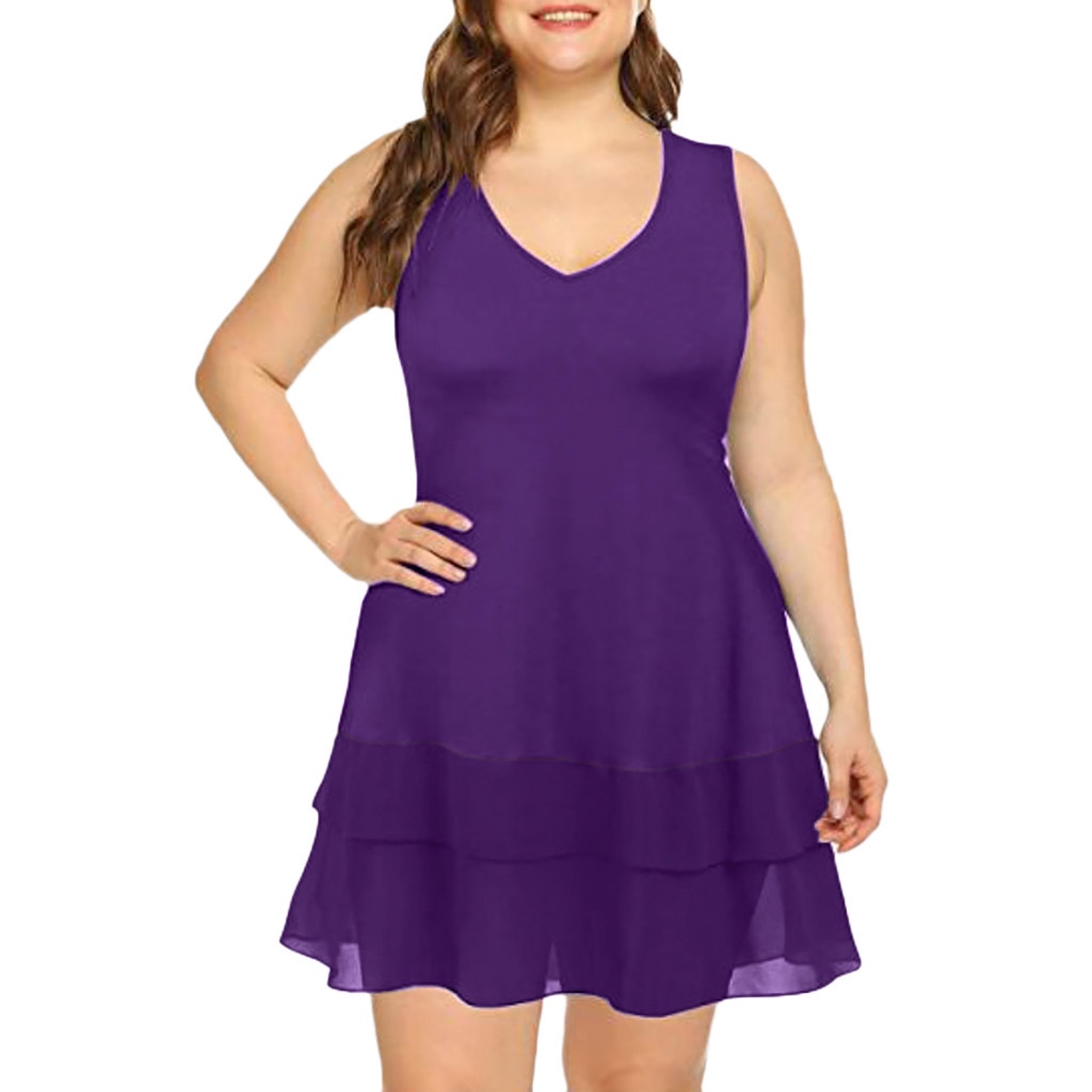 Women s Clothing Large Casual V Neck Sleeveless Solid Mesh Dress Plus 