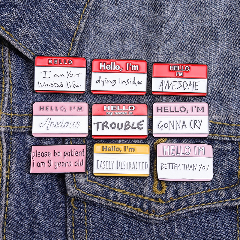 9 Styles Hello I'm Saying Emotion Lapel Pins Creative Text Backpack ...