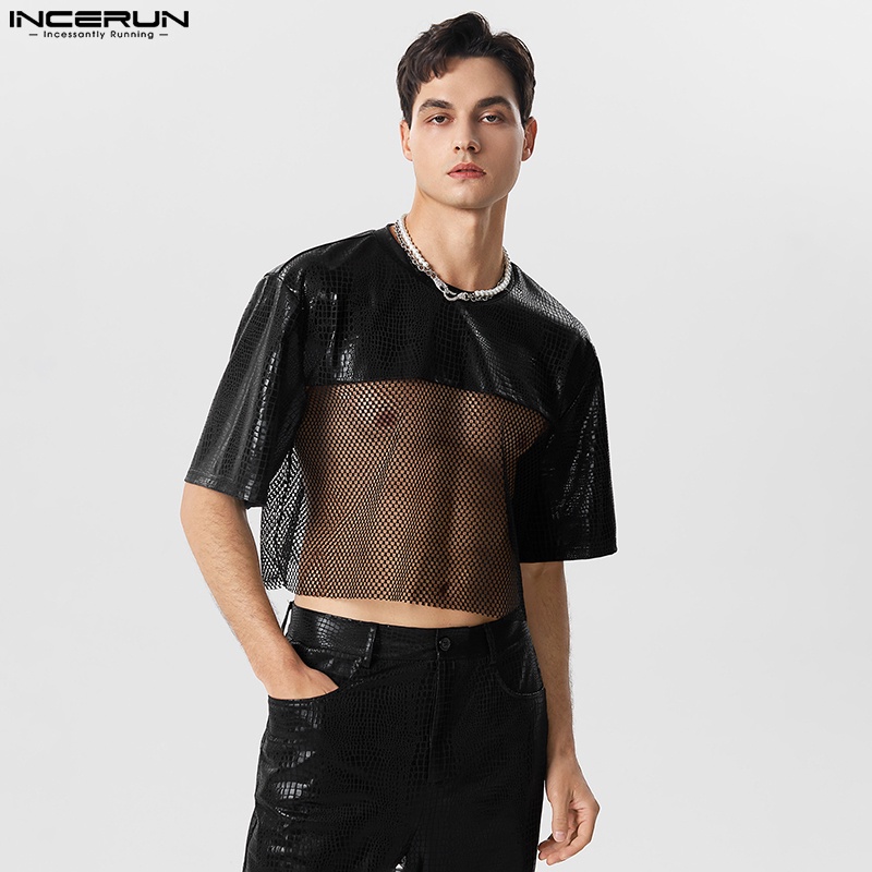 INCERUN Men's Fashion Faux Leather Pattern Panel Mesh Short Sleeve T ...