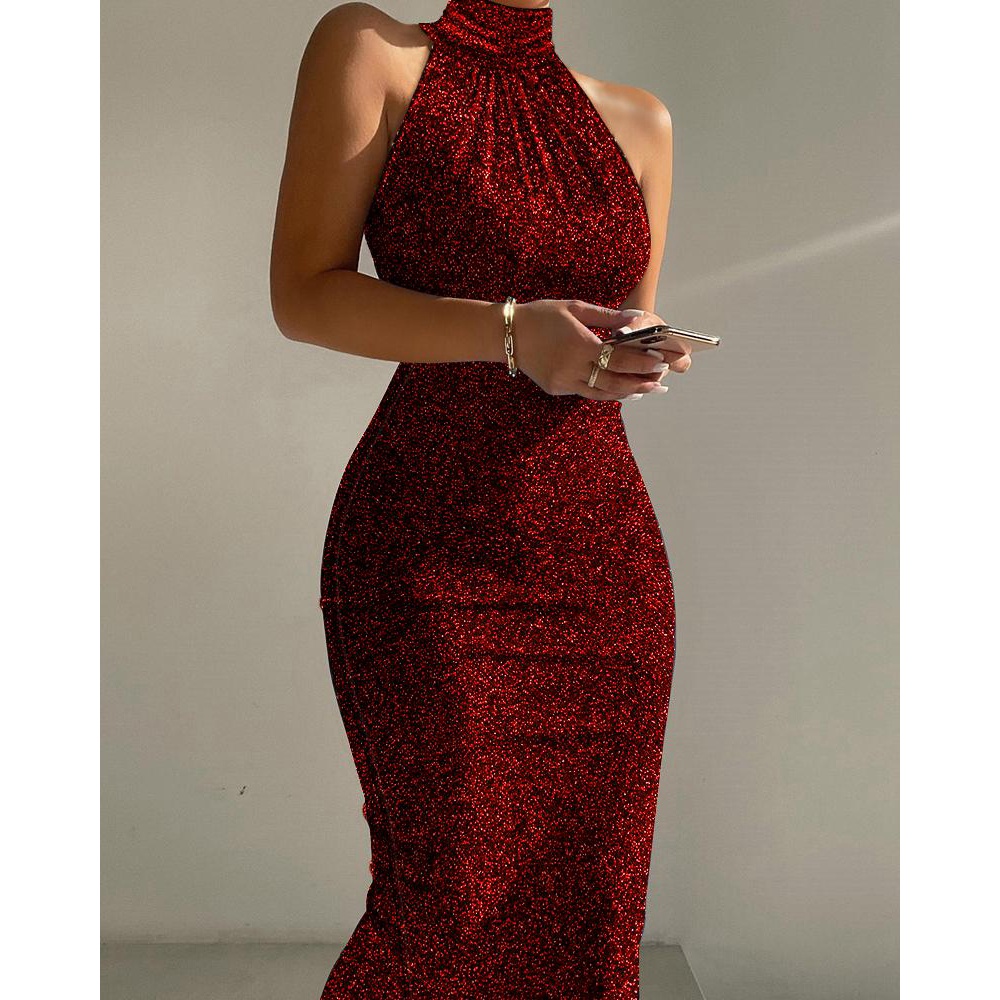 Summer Women High Neck Sleeveless Glitter Bodycon Slim Fit Dress Sleeveless  Midi Dresses Female Sexy Red Party Clothes Club