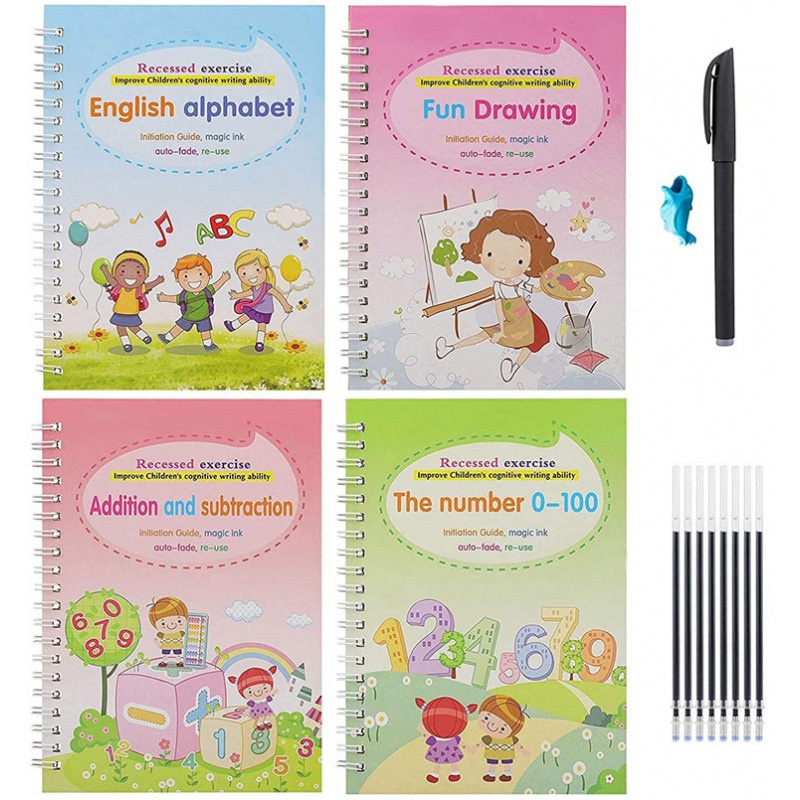 Kids Books 4pcs Set Copybooks Reusable Learning Copybooks with Pen ...