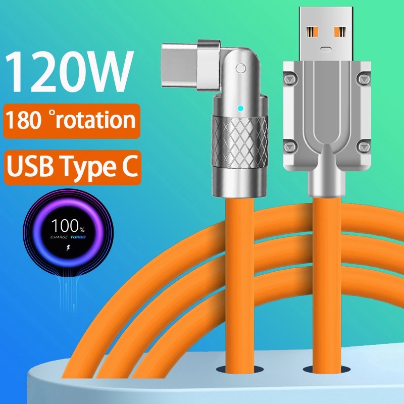 120W 6A Rotatable Super Fast Charging Cable Liquid Silicon Android Type C  Micro USB Cable For iPhone