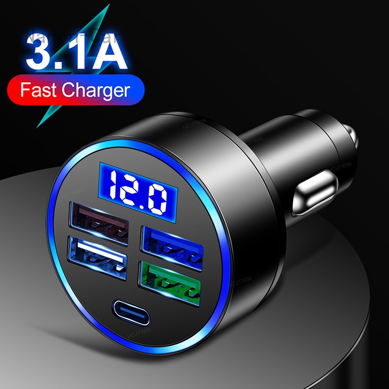 Nanon Car Charger USB Adapter 4-Port +Type-c LED Car Charger Cigarette  Lighter USB Charger 3.1A Car Charger Mini Car Charger