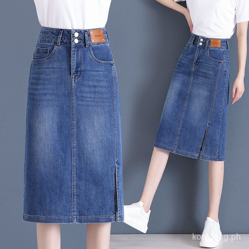 [New/spot] mid-length denim skirt high waist slimming split denim skirt ...