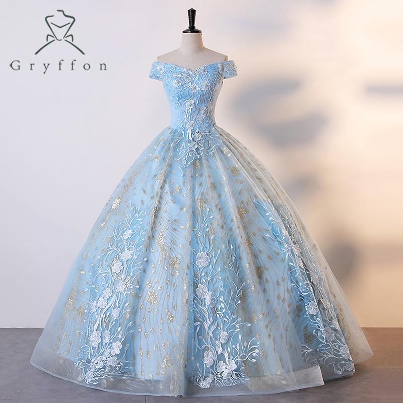 Light Blue Quinceanera Dresses Off The Shoulder Party Dress Luxury Lace ...