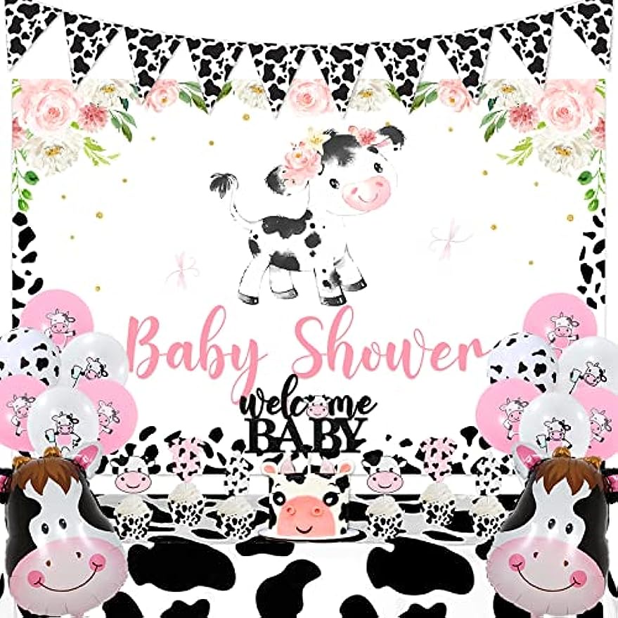 Cow Print Baby Shower Decorations for Girl, Cow Theme Baby Shower Backdrop, Baby Cake