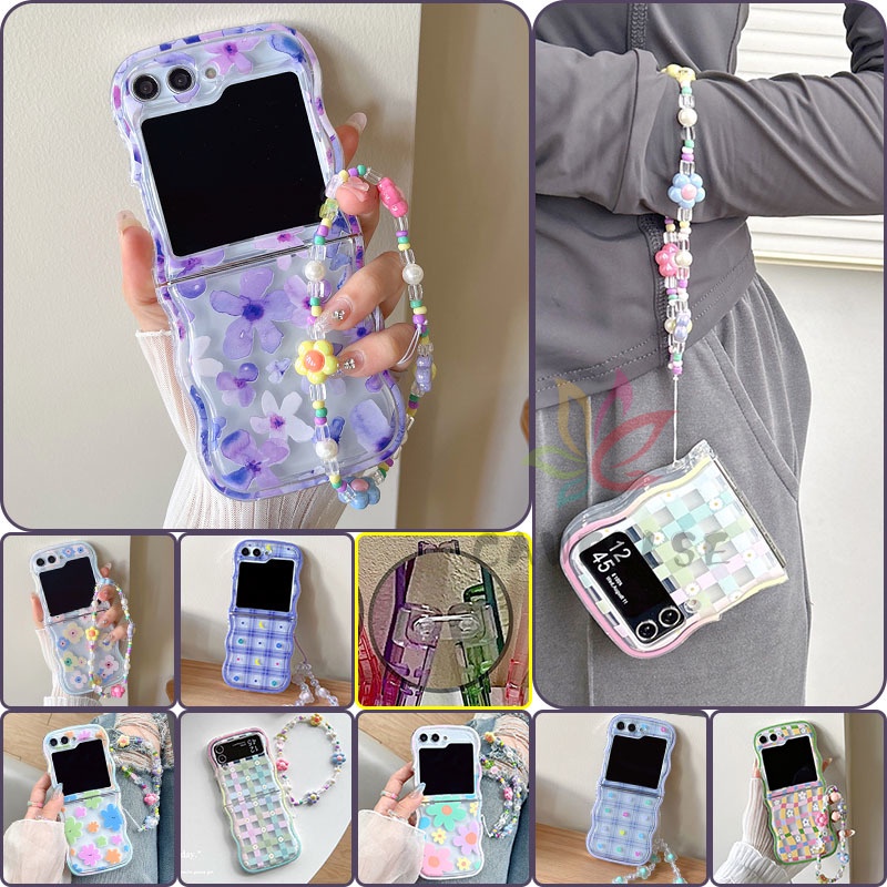 Flower Printed Wave Frame Soft Clear Silicone Phone Case with Wrist ...