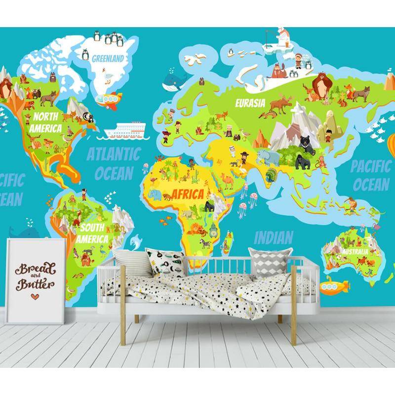 Custom 3d wallpaper kids mural living room cartoon animal world map TV ...