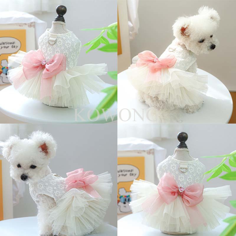 Small Dog Birthday Dress Pink Bowknot Gauze Tutu Dress Pet Gown for